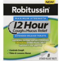 Robitussin Cough & Mucus Relief, 12 Hour, Maximum Strength, Tablets - 8 Each