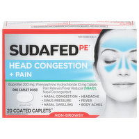 Sudafed PE Head Congestion + Pain, 200 mg, Coated Caplets - 20 Each