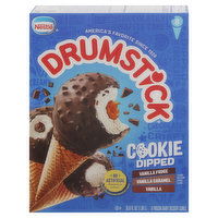 Drumstick Frozen Dairy Dessert Cones, Vanilla Fudge/Vanilla Caramel/Vanilla, Cookie Dipped - 8 Each