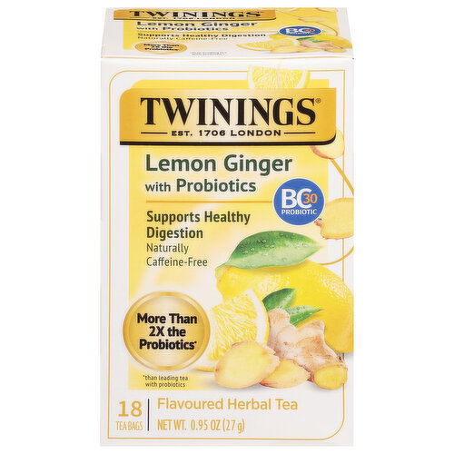 Twinings Flavoured Herbal Tea, Caffeine-Free, Lemon Ginger with Probiotics, Tea Bags