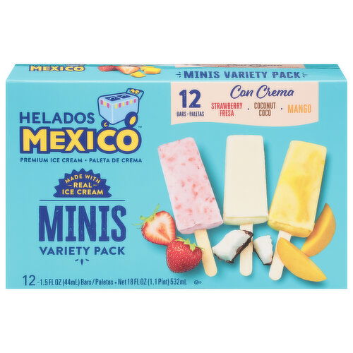 Helados Mexico Ice Cream Bars, Strawberry/Coconut/Mango, Minis, Variety Pack