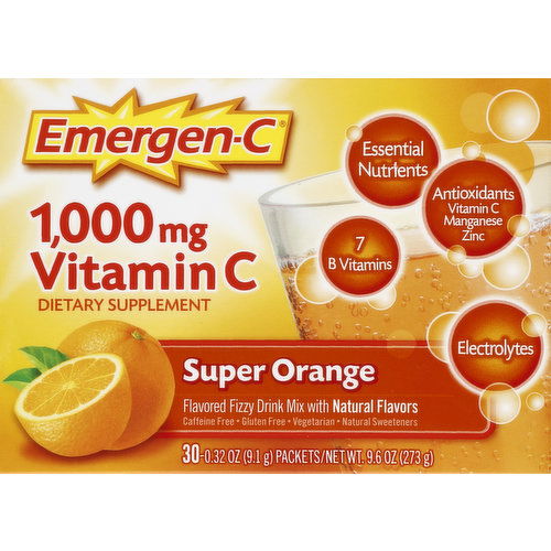 Emergen-C Vitamin C, 1,000 mg, Fizzy Drink Mix, Super Orange