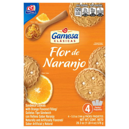 Gamesa Sandwich Cookies, Flor de Naranjo, 4 Packs