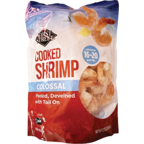 First Street Shrimp, Colossal, Deveined & Tail On, Peeled, Cooked
