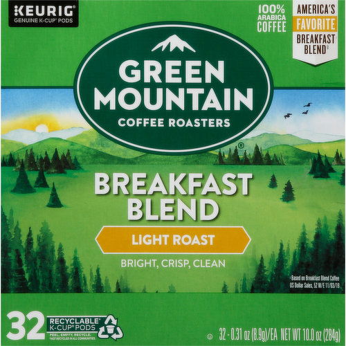 Green Mountain Coffee, 100% Arabica, Light Roast, Breakfast Blend, K-Cup Pods