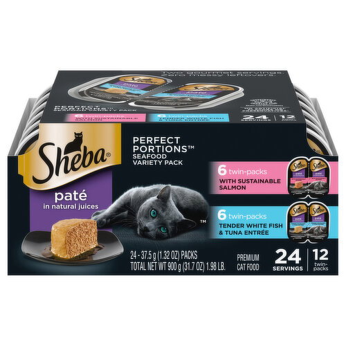 Sheba Premium Pate in Natural Juices Sustainable Salmon/Tender White Fish & Tuna Entree Cat Food Seafood Variety Pack Twin-Packs Image 1 of 5