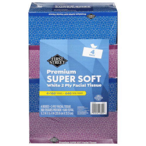 First Street Facial Tissue, Super Soft, Premium, White, 2 Ply, 4 Pack