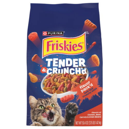 Friskies Cat Food, Flavors of Chicken Beef Carrots & Green Beans, Tender & Crunch'd