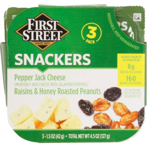 First Street Snackers, Pepper Jack Cheese/Raisins & Honey Roasted Peanuts, 3 Pack