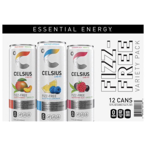 Celsius Fizz-Free Peach Mango + Green Tea/Blue Razz Lemonade/Raspberry Acai + Green Tea Energy Drink Variety Pack Image 1 of 6