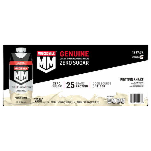 Muscle Milk Protein Shake, Zero Sugar, Vanilla Creme, Genuine, 12 Pack