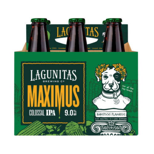 Lagunitas Lagunitas Maximus Colossal IPA is one hoppy, super drinkable double IPA beer with maximus flavor. Bold yet smooth, this deliciously hopped Double IPA features spice, floral and berry notes.