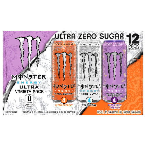 Monster Zero Sugar Ultra Sunrise/Zero Ultra/Ultra Wild Passion Energy Drink Variety Pack