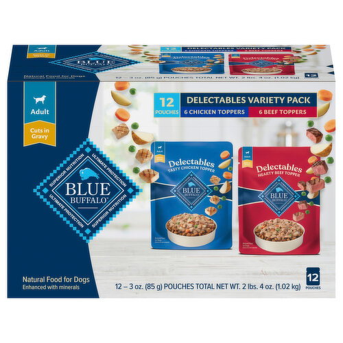 Blue Buffalo Natural Adult Cuts in Gravy Chicken Toppers/Beef Toppers Food for Dogs Delectables Variety Pack Image 1 of 6