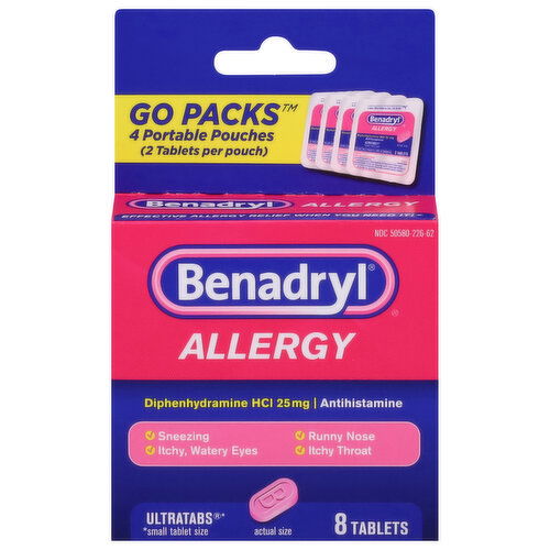 Benadryl Allergy, 25 mg, Ultratabs, Go Packs, Tablets