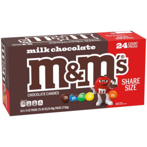 M&M'S Add delicious, colorful fun to everyday celebrations with this 24-count box of Share Size M&M'S Milk Chocolate Candy packs. These bulk individually wrapped candy packs full of chocolate candy are a must for your pantry list.