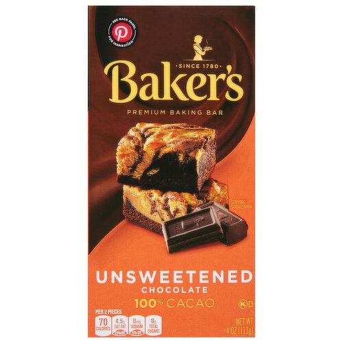 Baker's Baking Bar, Premium, Unsweetened Chocolate, 100% Cacao