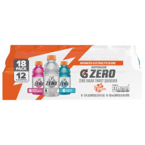 Gatorade Thirst Quencher, Zero Sugar, Berry/Glacier Cherry/Glacier Freeze, 18 Pack