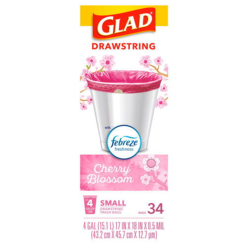 Glad Trash Bags, Drawstring, Small, Cherry Blossom, 4 Gallon