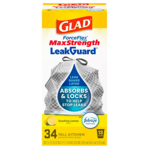Glad Max Strength Leak Guard Tall Kitchen 13 Gallon Sunshine Lemon Scent Drawstring Bags