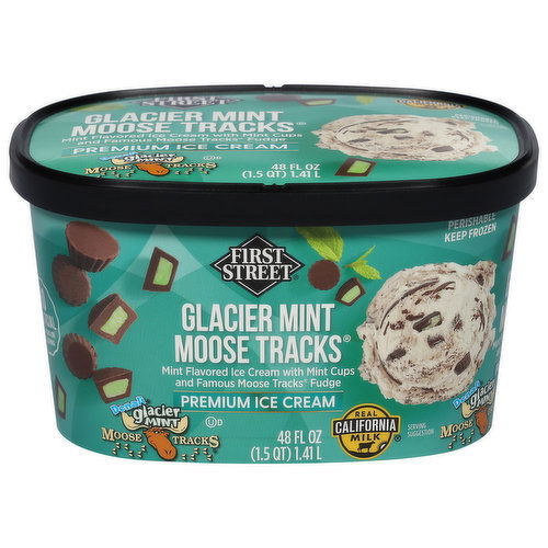 First Street Ice Cream, Premium, Glacier Mint Moose Tracks