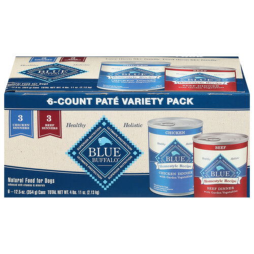 Blue Buffalo Food for Dogs, Natural, Chicken Dinner/Beef Dinner, Pate, Variety Pack