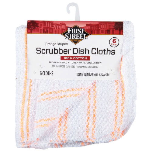 First Street Dish Cloths, Scrubber, Orange Striped