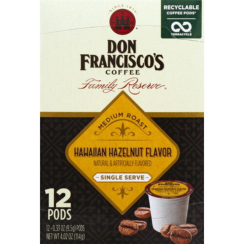 Don Franciscos Coffee, Medium Roast, Hawaiian Hazelnut Flavor, Single Serve Pods