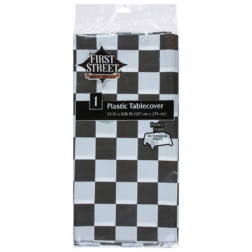 First Street Plastic Tablecover, Black Check, 54 Inch