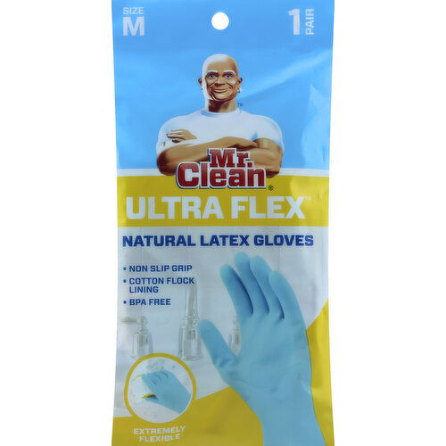 Mr. Clean Gloves, Natural Latex, Ultra Flex, Size M