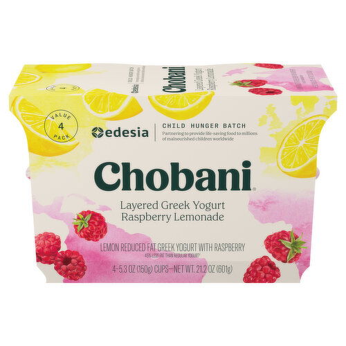 Chobani Yogurt, Greek, Reduced Fat, Raspberry Lemonade, Layered, Value 4 Pack