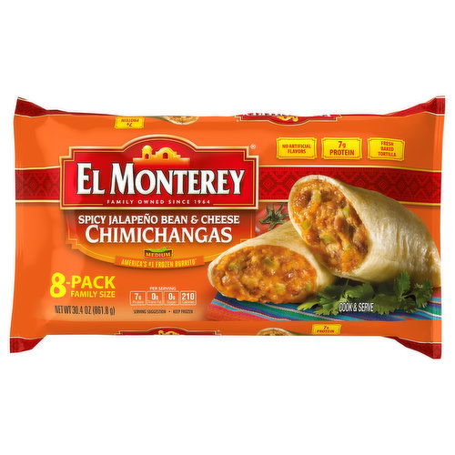 El Monterey Chimichangas, Spicy Jalapeno Bean & Cheese, Medium, Family Size, 8 Pack