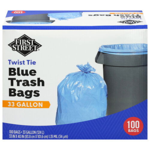 First Street Blue Trash Bags, Twist Tie, 33 Gallon