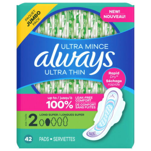 Always Pads, Ultra Thin, Long Super, Size 2, Jumbo Pack