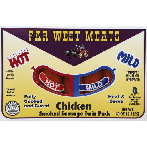 Far West Meats Chicken Sausage, Smoked, Hot/Mild, Twin Pack