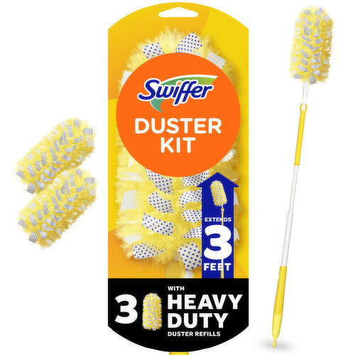 Swiffer Dusters Heavy Duty 3 ft Extended Handle Dusting Kit (1 Duster, 3 Refills)