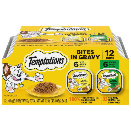 Temptations Food for Cats, Tasty Chicken Entree/Seafood Medley Flavor, Bites in Gravy, Adult 1+