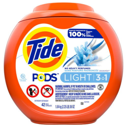 Tide Detergent, Light, 3 in 1, Pacs