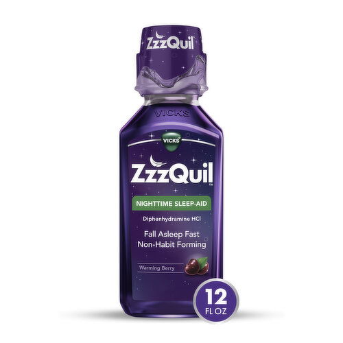 Vicks ZzzQuil Nighttime Sleep Aid Liquid, 50mg Diphenhydramine HCl, Over-the-Counter Medicine, Warming Berry Flavored