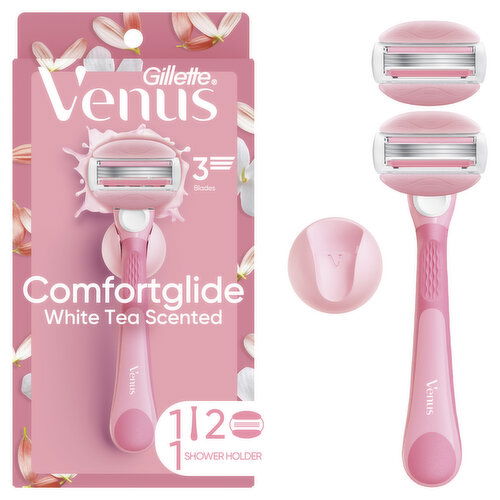 Venus Comfortglide White Tea Women's Razor, 2 Blade Refills + Shower Holder