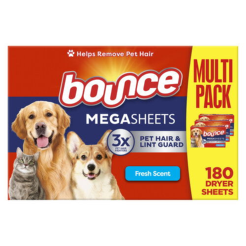 Bounce Pet Hair and Lint Guard Mega Dryer Sheets, Fresh Scent, 180 Count