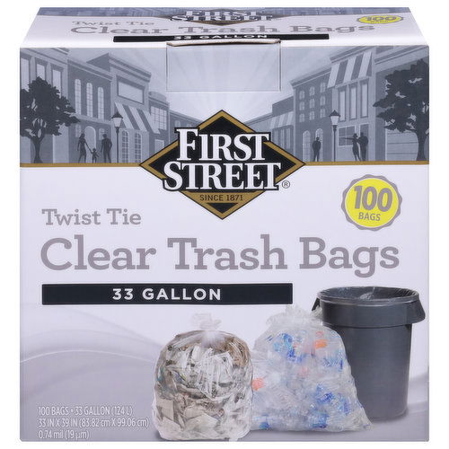 First Street Clear Trash Bags, Twist Tie, 33 Gallon