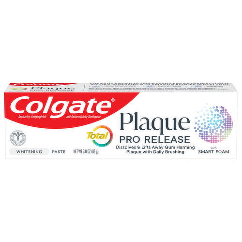 Colgate Dissolve and lift away gum harming plaque with daily brushing using Colgate Total Plaque Pro Release Whitening Toothpaste. The unique anticavity, antigingivitis, anti sensitivity toothpaste formula helps interfere with the harmful effects of plaque.