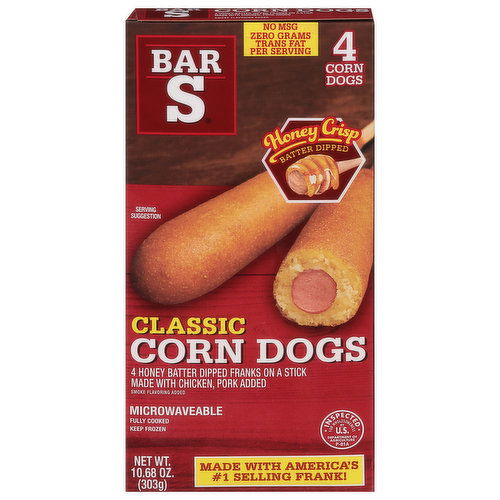 Microwavable corn dogs,Bar S honey crips batter dipped corn dogs,classic