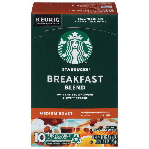 Starbucks Coffee, Ground, Medium Roast, Breakfast Blend, K-Cup Pods