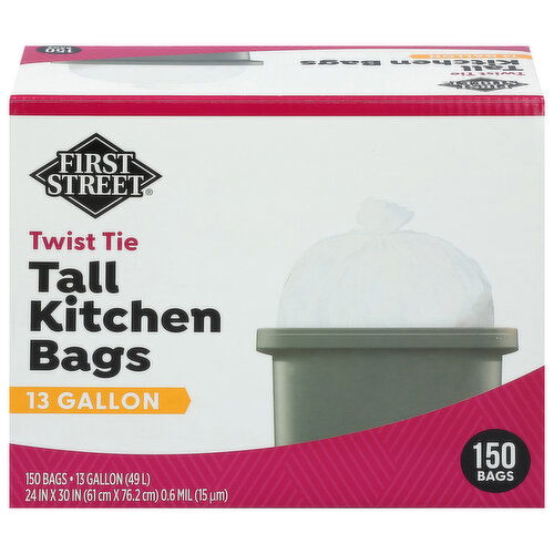 First Street Tall Kitchen Bags, Twist Ties, 13 Gallon