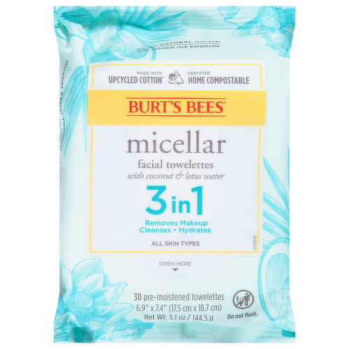 Burt's Bees Facial Towelettes, with Coconut & Lotus Water, Micellar, 3 in 1