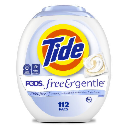 Tide Tide PODS Free & Gentle laundry detergent, 112 ct, Trusted, gentle laundry detergent pods, 100% free of irritating residues: no added dyes and perfumes Image 1 of 6