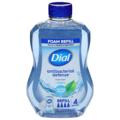 Dial Dial Antibacterial Defense Foaming Hand Soap Refill, Kills 99.99% of Bacteria* & Leaves Skin Feeling Soft, #1 Dr Recommended Brand**, Vegan Formula, With Aloe, Spring Water Scent, 30 Fl Oz (Pack of 4)
