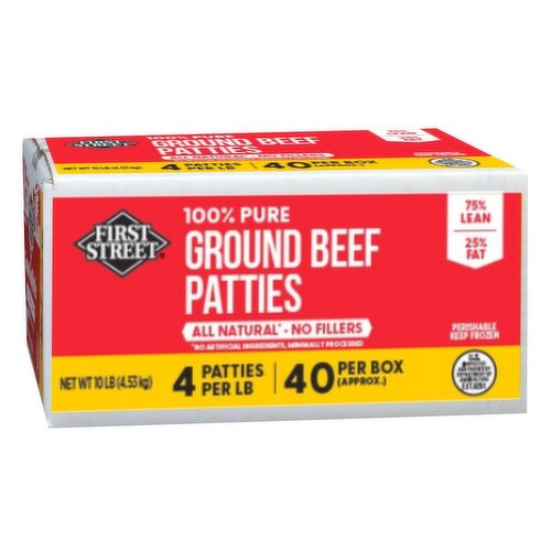 First Street Ground Beef Patties, 100% Pure, 75%/25%